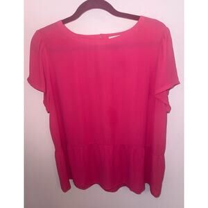 Loft Top Women's Large Hot Pink Solid Tunic Short Sleeve Peplum Ruffle